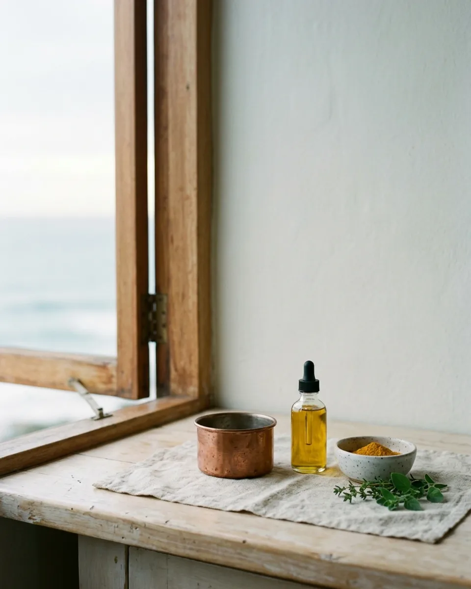 A small copper pot, a glass bottle of golden oil, a bowl of turmeric and fresh leaves on linen, by an open window above the sea.
