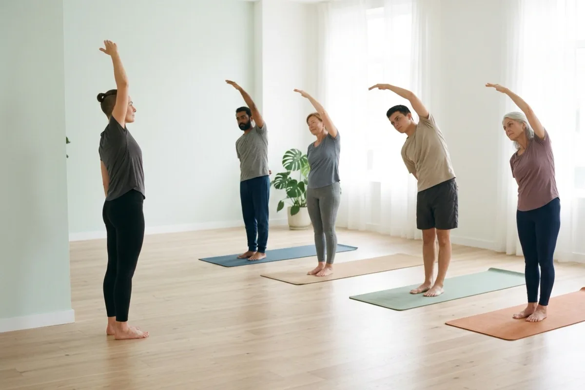A yoga teacher leading four students in a side stretch in a bright studio.